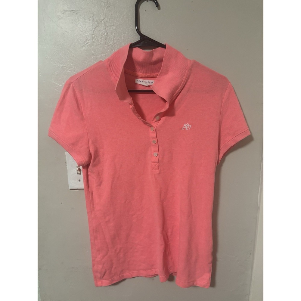 Y2K Aeropostale Women's Polo Shirt Coral, Peach, Pink, Size Large